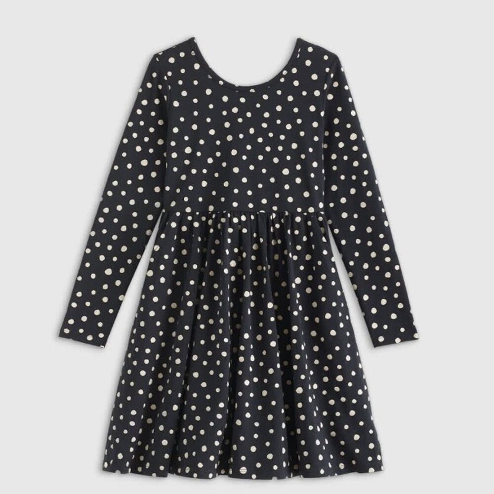 Quincy Organic Cotton Long Sleeve Skater Dress -  Black Dot- girls size 6Y  GUC
